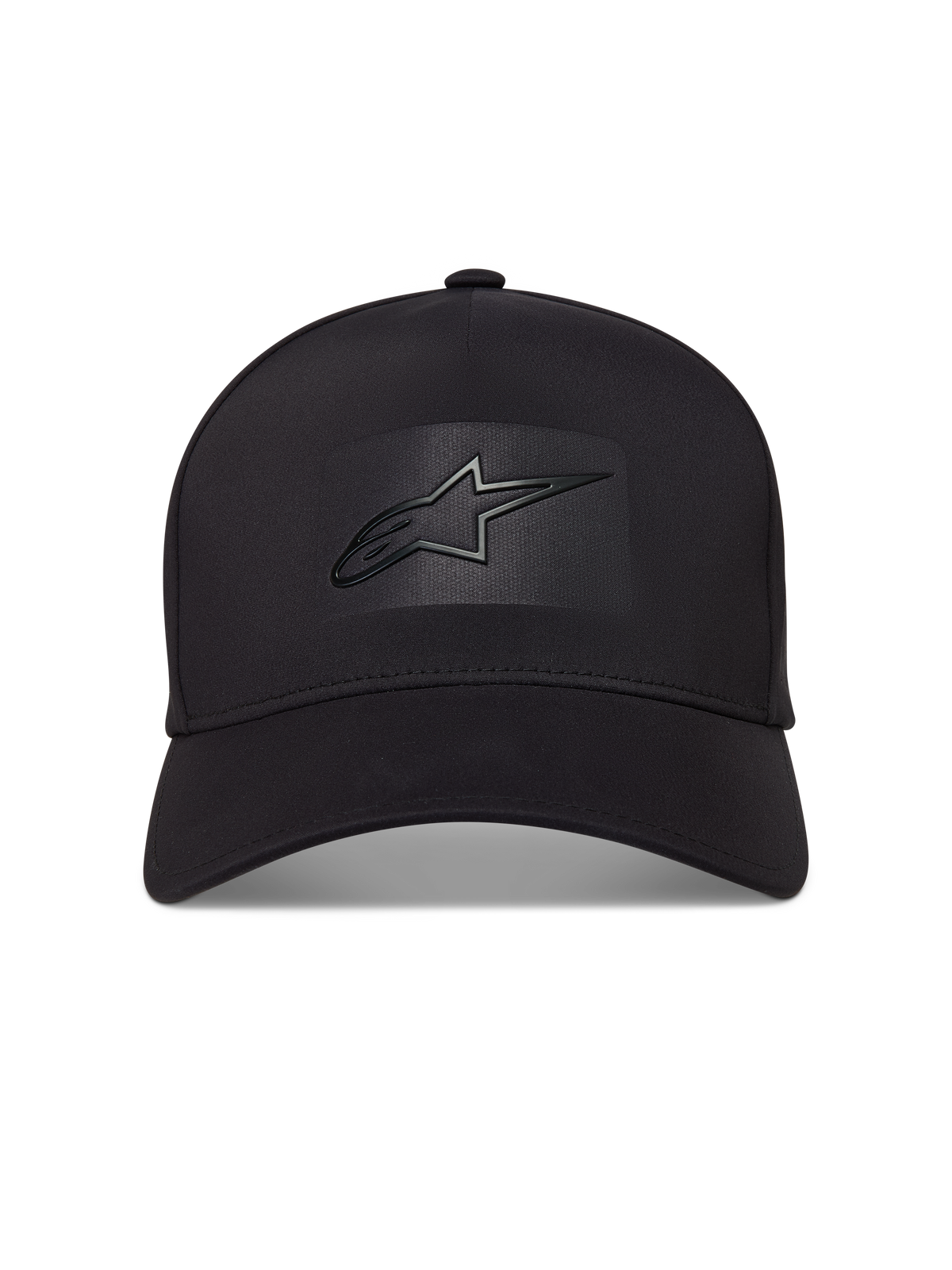 Alpinestars Algo Perf Adjustable Kappe, schwarze Kappe mit gebogenem Schirm, strukturierter Krone und Sonic-Weld-Astars-Logo.