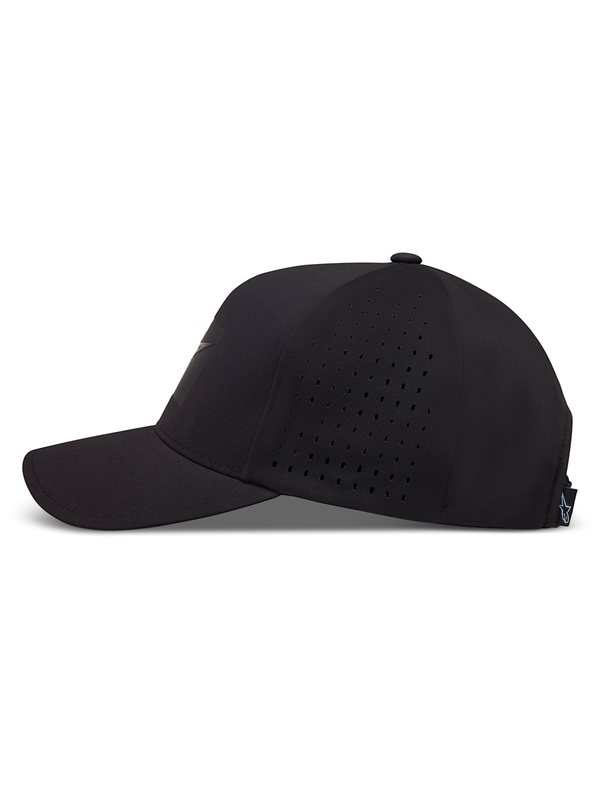 Alpinestars Algo Perf Adjustable Kappe, Sportswear-Kappe in Schwarz mit gebogenem Schirm und seitlicher Perforation für Atmungsaktivität.
