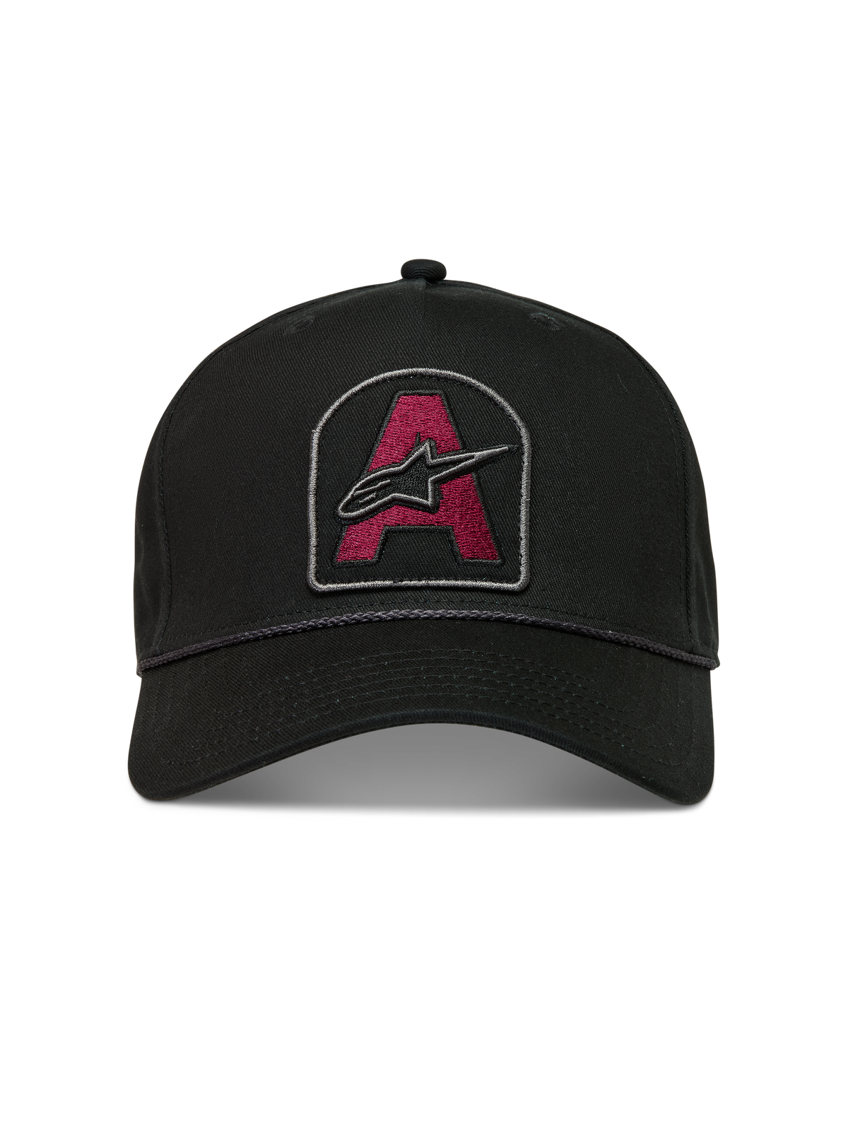 Alpinestars Acme Snapback Kappe, schwarze Sportswear-Kappe mit dunkelrotem Astars-Logo-Stickerei-Patch, gebogenem Schirm und Seilbesatz.