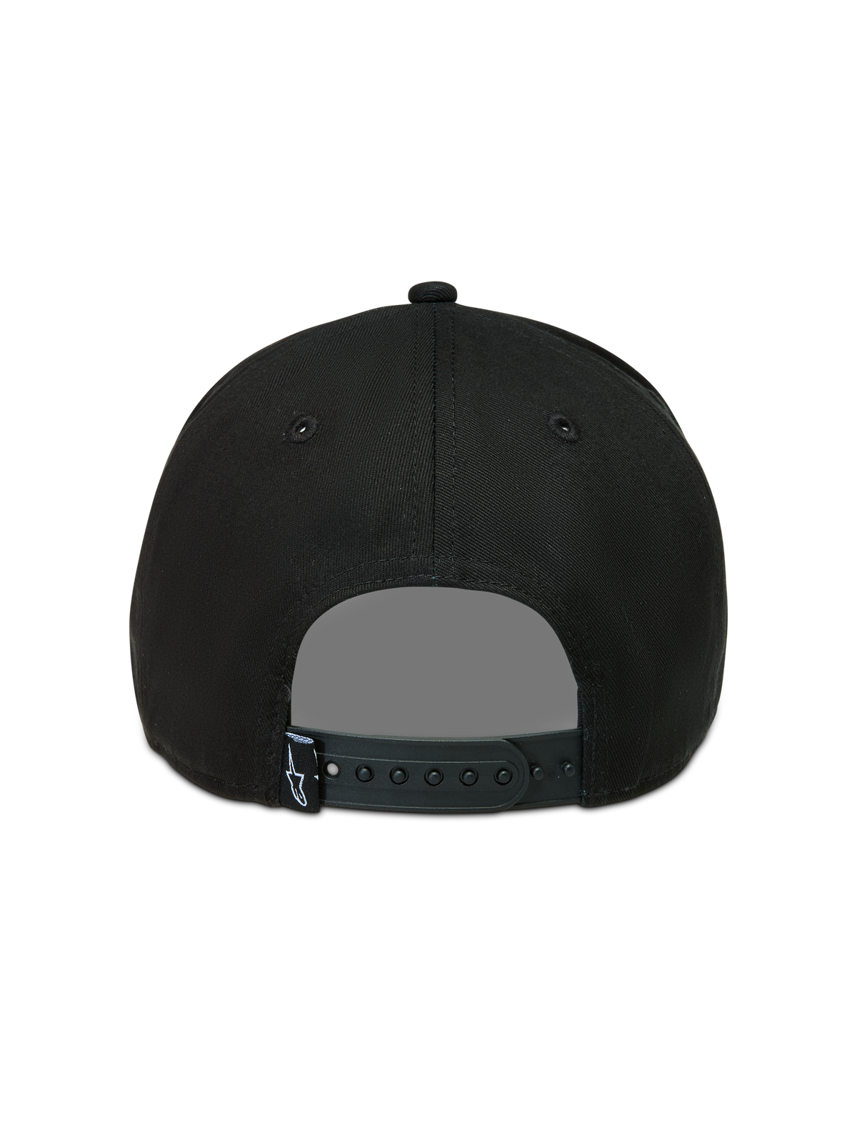 Alpinestars Acme Snapback Kappe, schwarze Sportswear-Kappe, Rückansicht mit verstellbarem Snapback-Verschluss und kleinem Logo-Etikett.