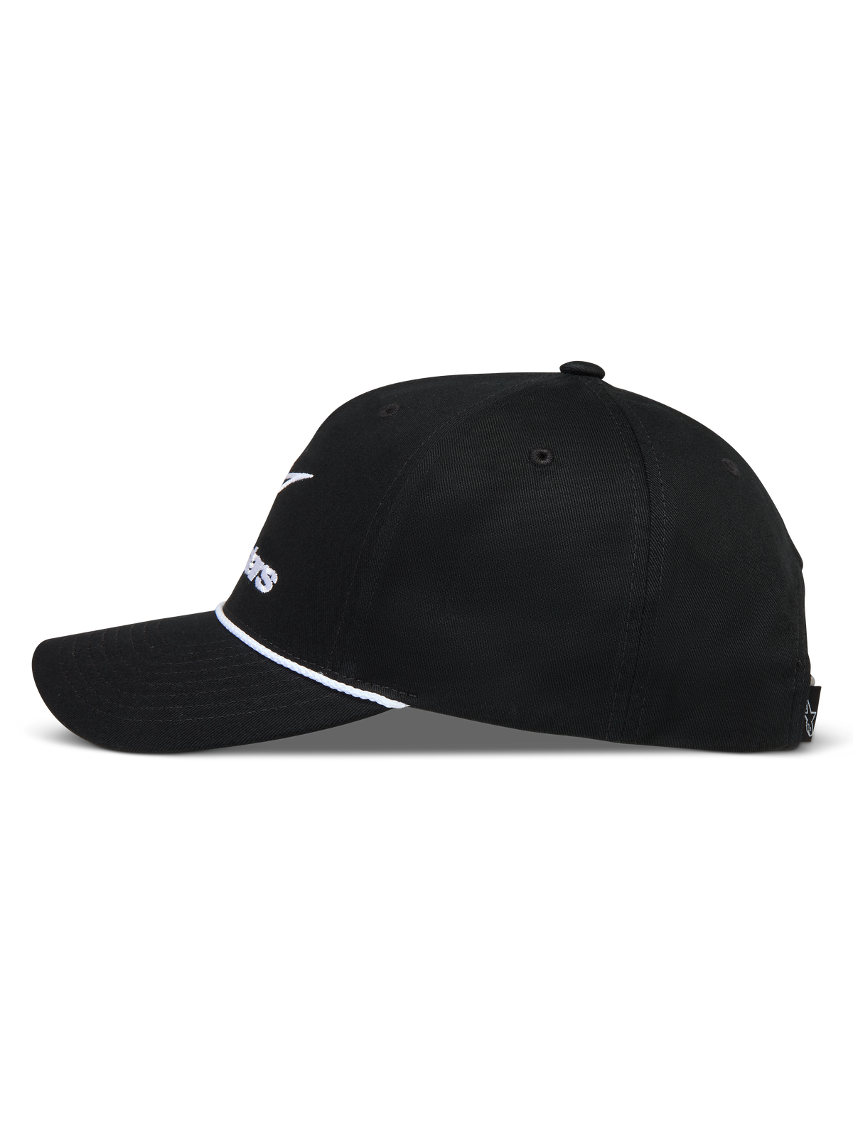 Alpinestars Combo Logo Snapback Kappe, schwarze Sportswear-Kappe, gebogener Schirm, weißes Seildetail, strukturierte Krone.