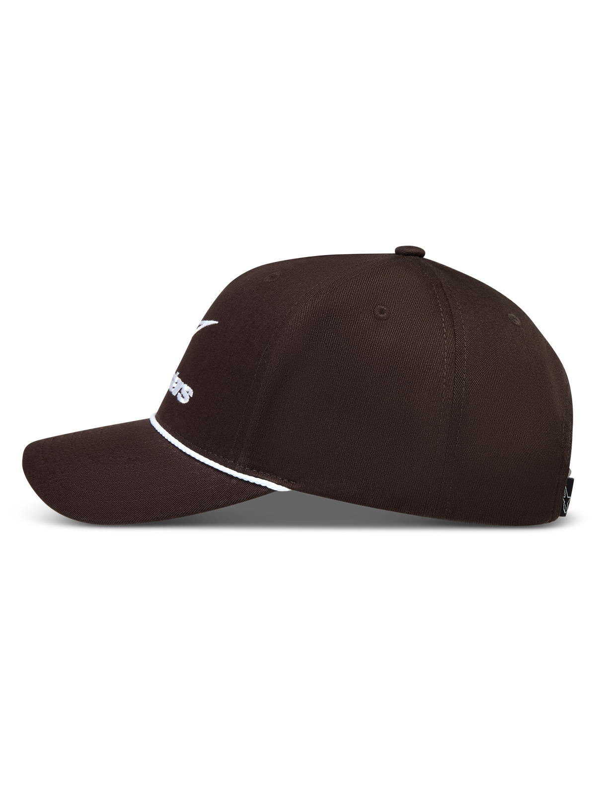Alpinestars Combo Logo Snapback Kappe, braune Sportswear-Kappe aus Twill mit gebogenem Schirm und weißer Stickerei.