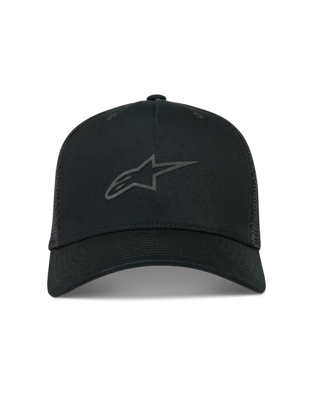 Alpinestars Augment Trucker-Mütze, schwarze Sportswear Mesh-Kappe mit gebogenem Schirm und strukturiertem Puff-Druck Astars-Logo.