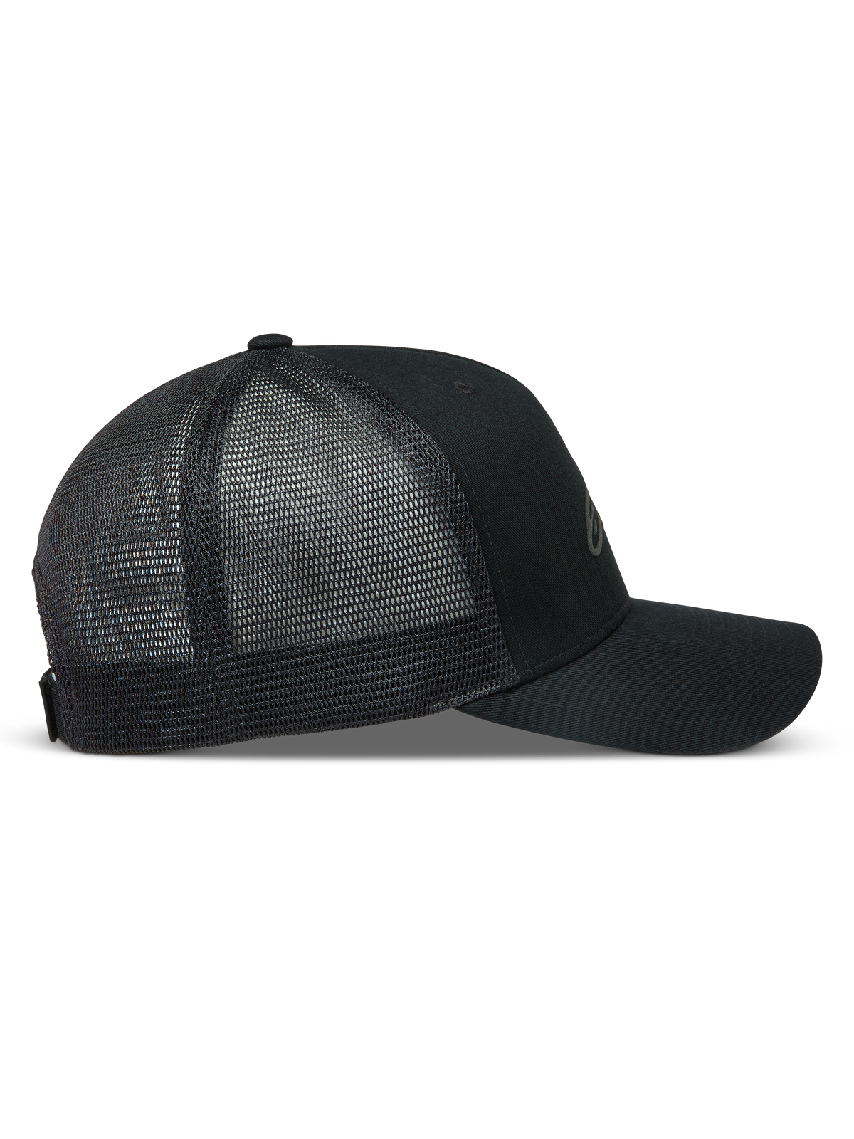 Alpinestars Augment Trucker-Mütze, schwarze Sportswear-Kappe mit gebogenem Schirm, Twill-Front und Mesh-Rückseite.