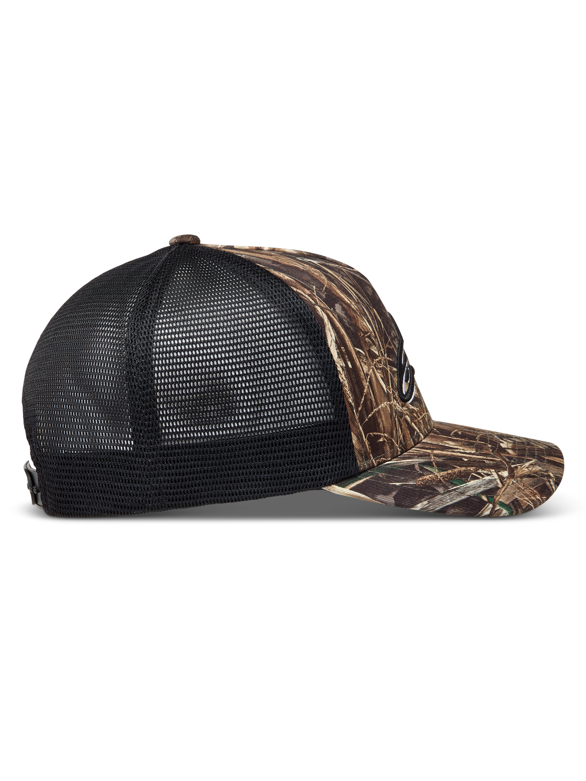 Alpinestars Thicket Realtree Trucker-Mütze, Tarnmuster und Schwarz, Seitenansicht mit gebogenem Schirm und Mesh-Rückseite.