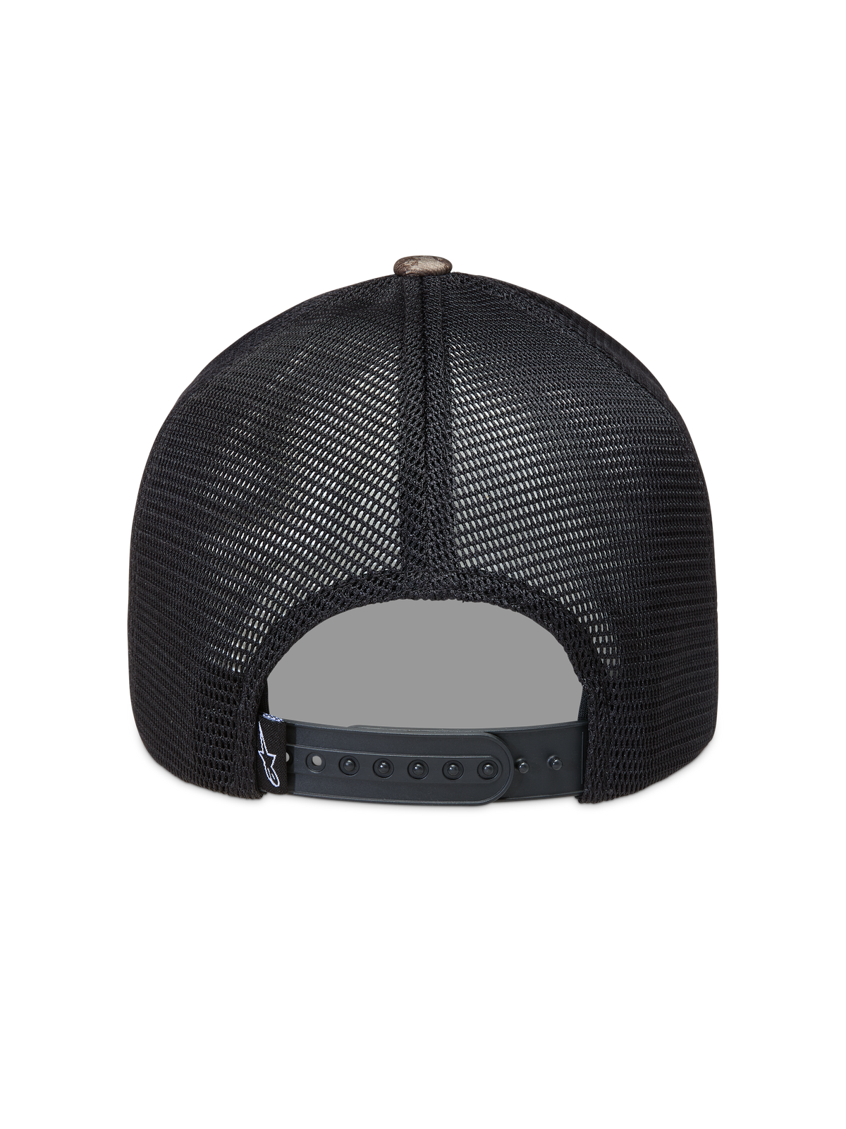 Alpinestars Thicket Realtree Trucker-Mütze, schwarze Mesh-Sportkappe mit verstellbarem Snapback-Verschluss, Rückansicht.