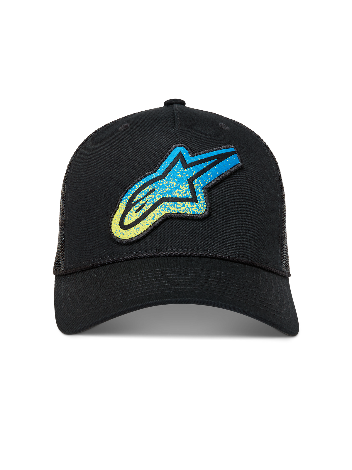Alpinestars Meteorite Trucker-Mütze, schwarze Sportswear-Kappe mit blau-gelbem Logo und Mesh-Rückseite.