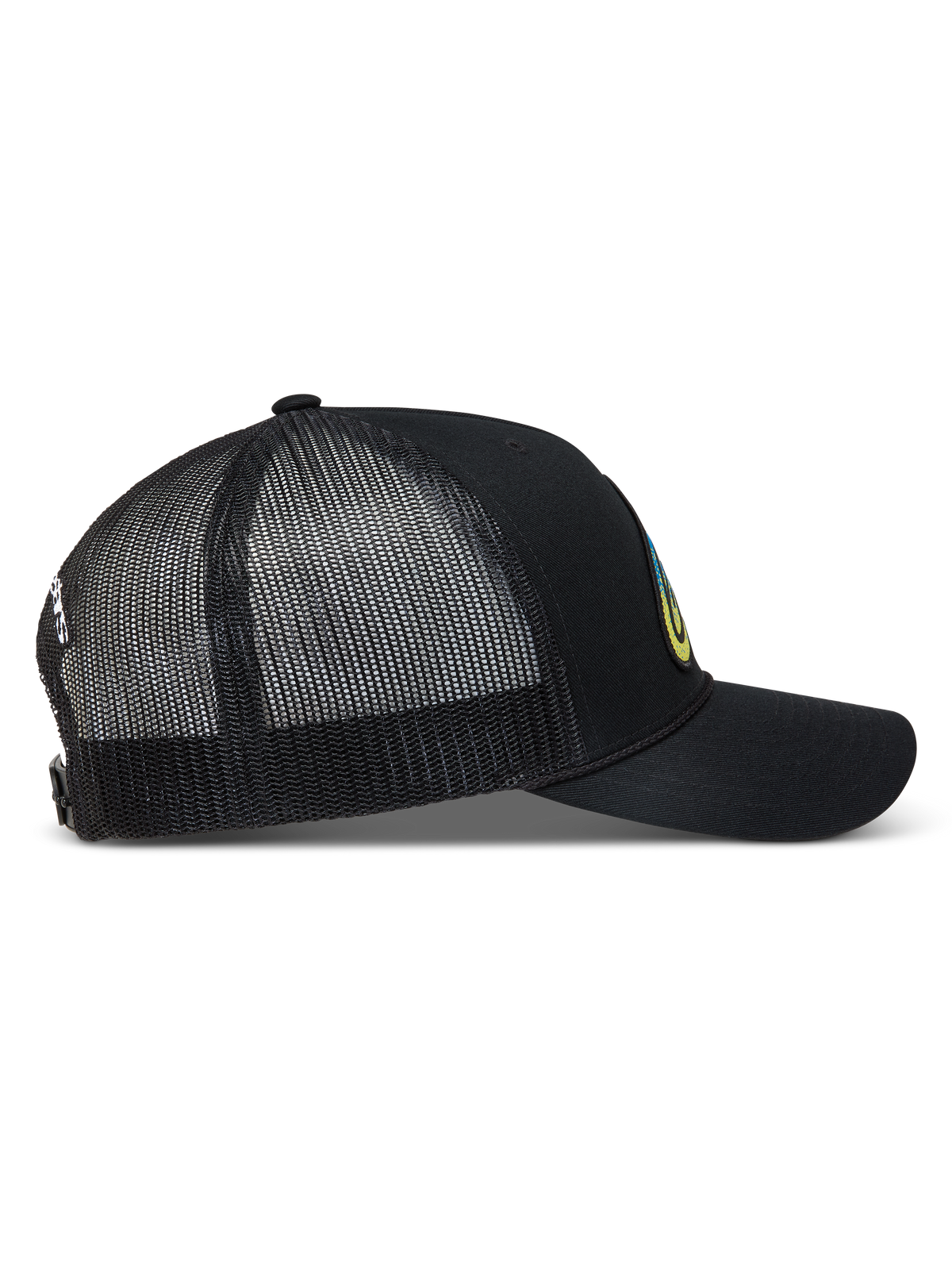Alpinestars Meteorite Trucker-Mütze, schwarze Sportswear-Kappe mit Mesh-Rücken, gebogenem Schirm und Snapback-Verschluss.