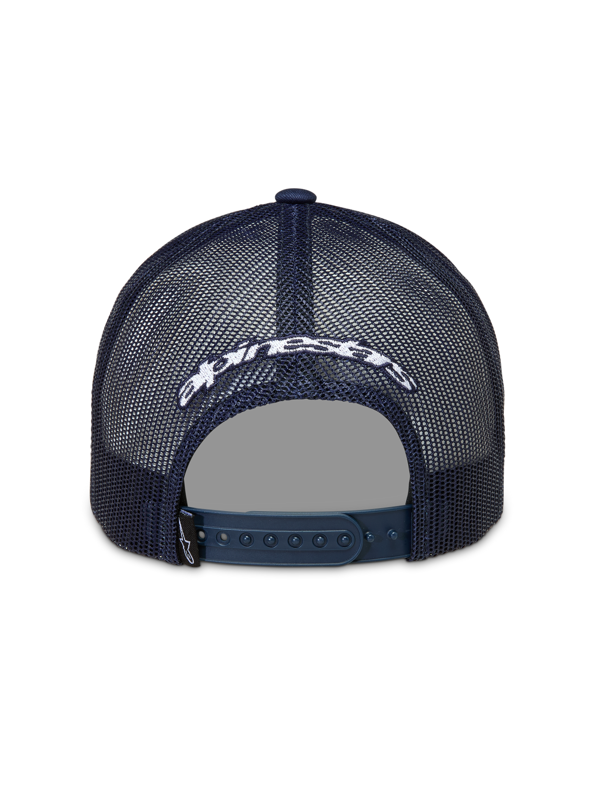 Alpinestars Meteorite Trucker-Mütze, dunkelblaue Sportswear-Kappe mit Mesh-Rückseite, weiß besticktem Logo und Snapback-Verschluss.