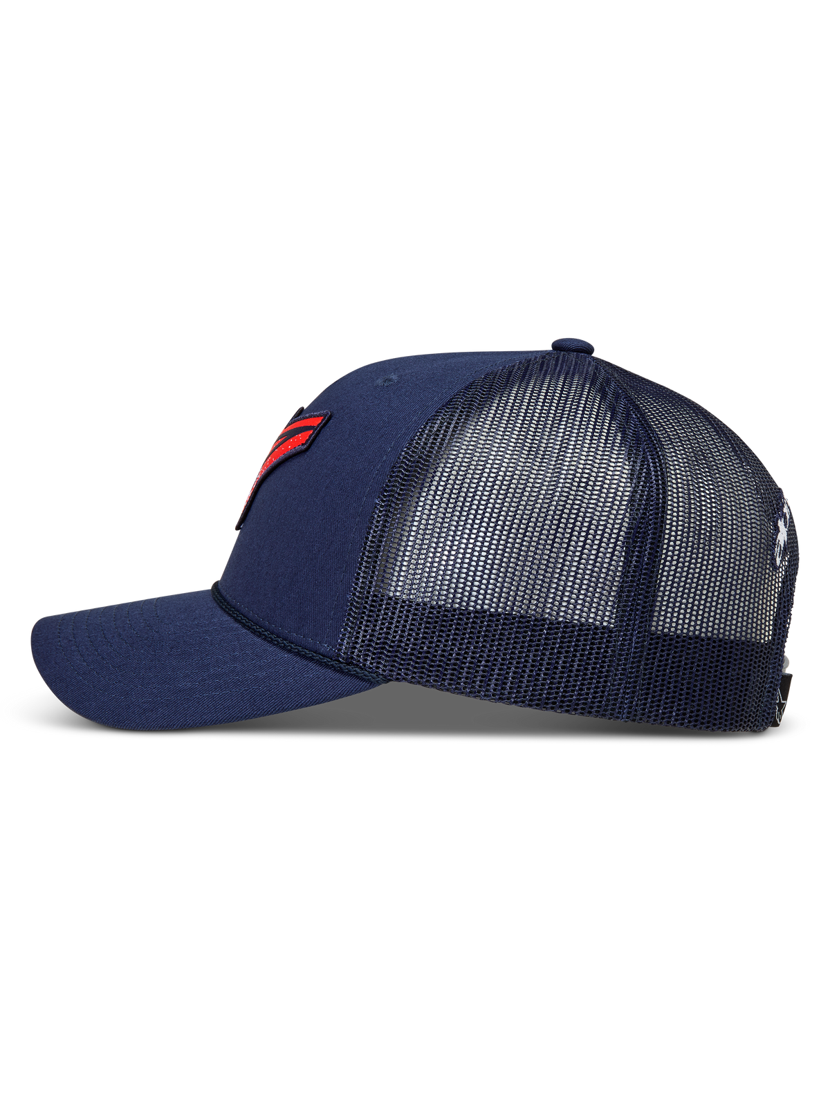 Alpinestars Meteorite Trucker-Mütze, navyblaue Kappe mit Mesh-Rückseite, gebogenem Schirm und rotem Logo-Patch.