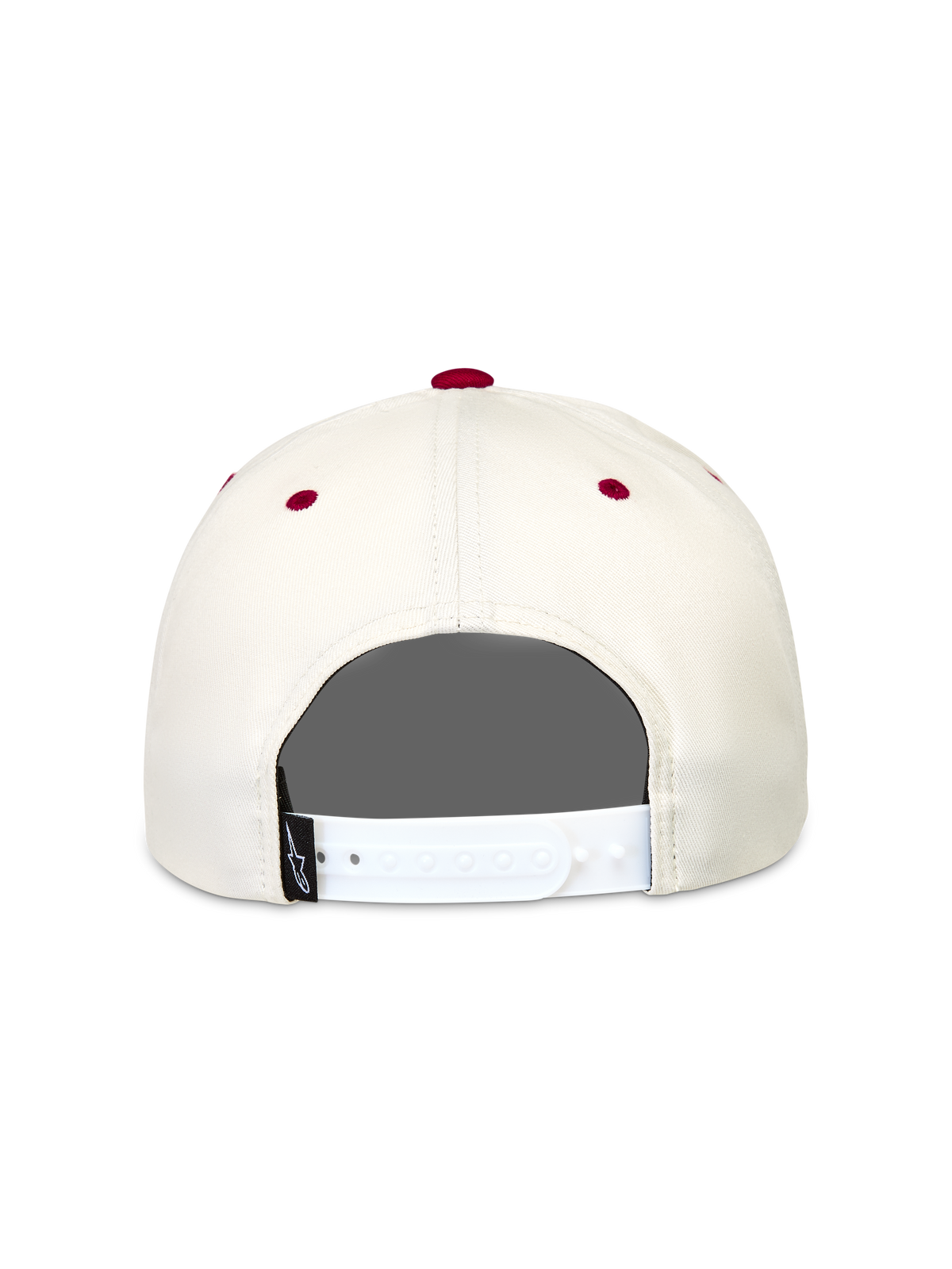 Alpinestars Stadium Snapback Kappe, Rückansicht in Off-White und Rot, Sportswear-Kappe mit verstellbarem Verschluss.