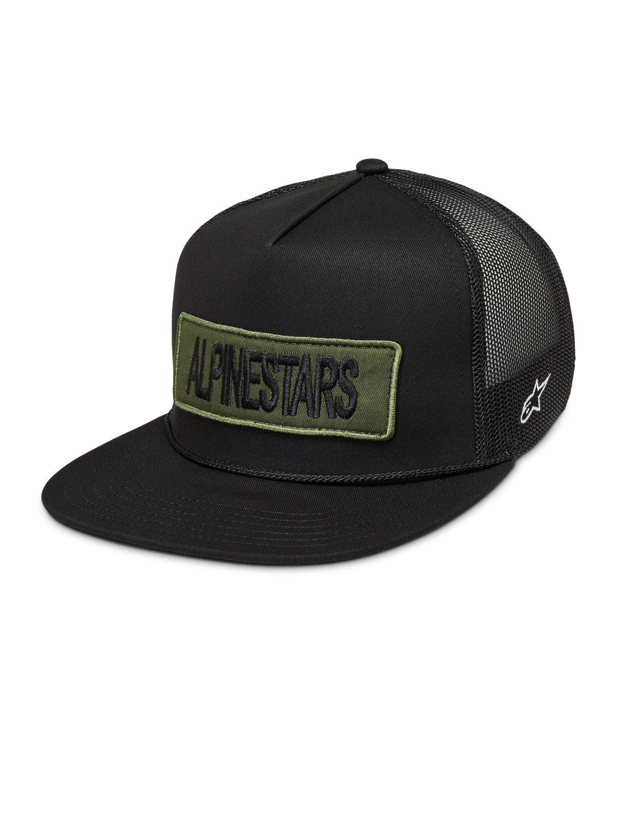 Alpinestars Ten Trucker-Mütze, schwarze Sportswear-Kappe mit olivgrünem Stickerei-Patch, weißem Logo und Mesh-Rückseite.