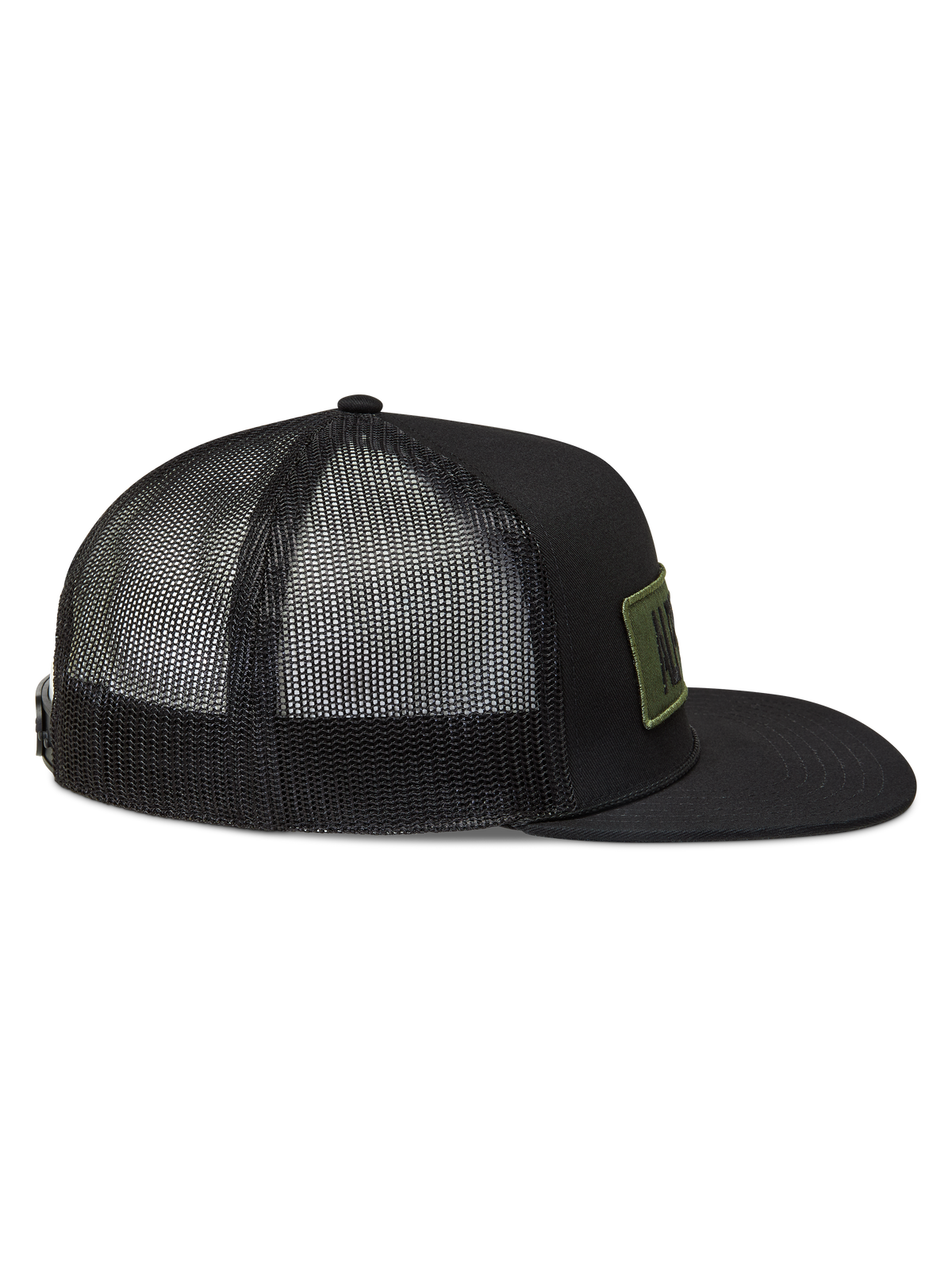 Alpinestars Ten Trucker-Mütze, schwarze Sportswear-Kappe mit Mesh-Rücken, flachem Schirm und olivgrünem Logo-Patch.