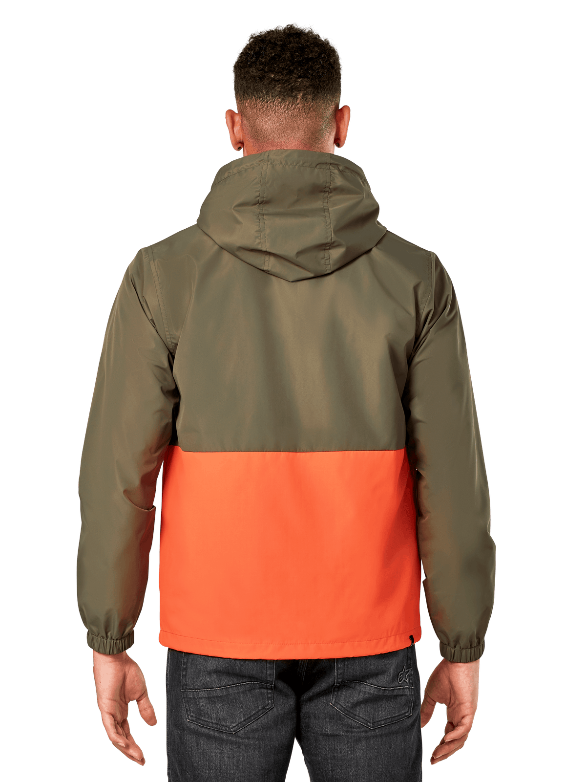 Alpinestars Speeder Windbreaker Jacket, lightweight hooded windbreaker, Military Green and Orange color-blocked design, back view showing hood and elastic cuffs, casual sportswear style