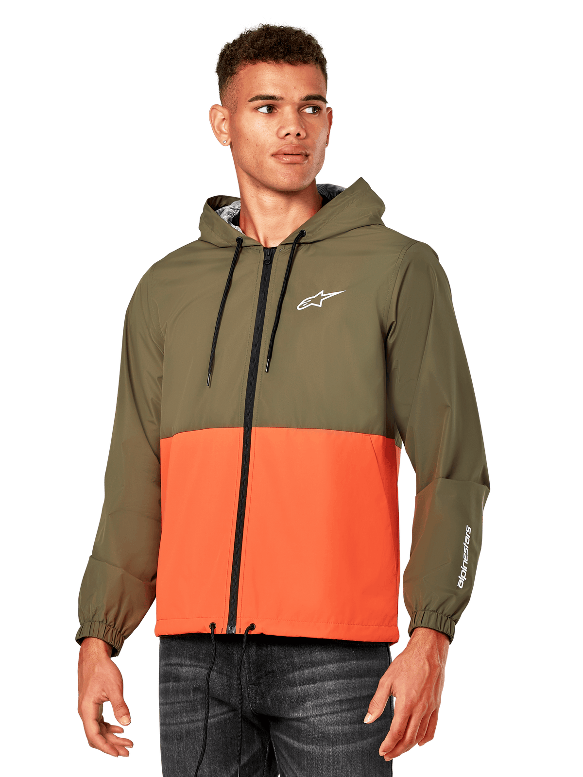 Alpinestars Speeder Windbreaker Jacket, lightweight hooded windbreaker, Military Orange and Olive Green, color-blocked design with white logo on chest and sleeve, casual motorsport-inspired outerwear