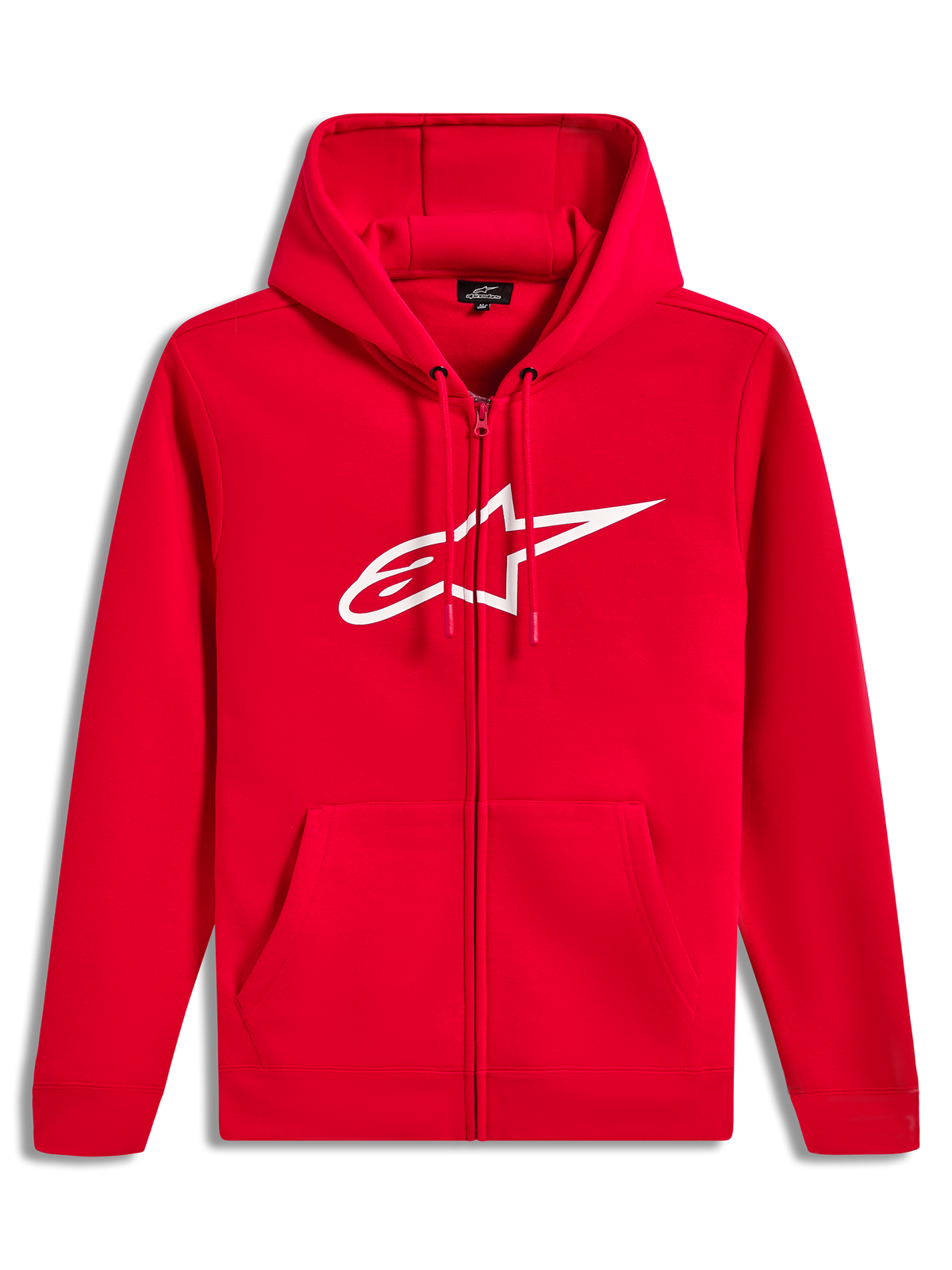 Alpinestars Ageless Zip V3 Hoodie, rot-weiße Sportswear-Fleecejacke mit auffälligem Brustlogo und Kapuze.