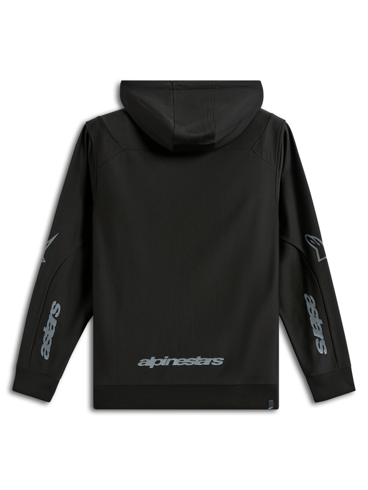 Alpinestars Sessions V3 Hoodie, lässige Sportbekleidung, Schwarz mit grauem Branding, Rückansicht mit Alpinestars-Wortmarke am unteren Rücken und Astars-Grafiken an den Ärmeln, Polyfleece mit Kapuze und Rippbündchen, modernes, vom Motorsport inspiriertes Design