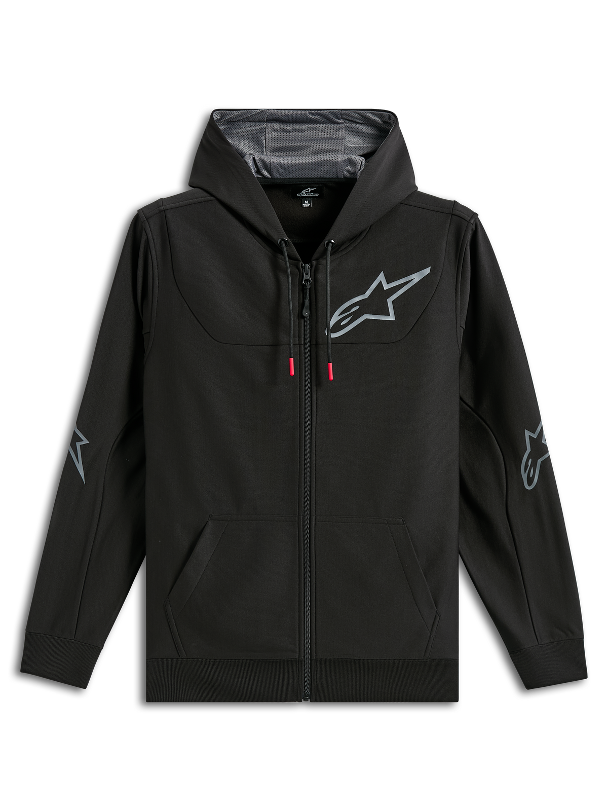 Alpinestars Sessions V3 Hoodie, schwarze Poly-Fleece-Kapuzenjacke mit Reißverschluss, graues Alpinestars Star-Logo auf der Brust und den Ellbogen, Kordelzüge mit roten Enden, Kapuze mit Mesh-Futter, lässige Motorsport-Streetwear