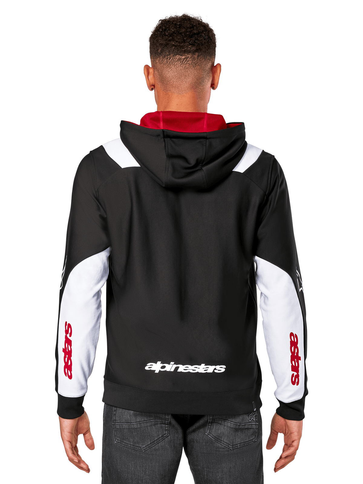 Alpinestars Sessions V3 Hoodie, Rückansicht, Schwarz mit weißen Ärmeleinsätzen und rotem Kapuzenfutter, mit weißem Schriftzug am Rücken und rotem Branding an den Ärmeln, lässige, vom Motorsport inspirierte Streetwear