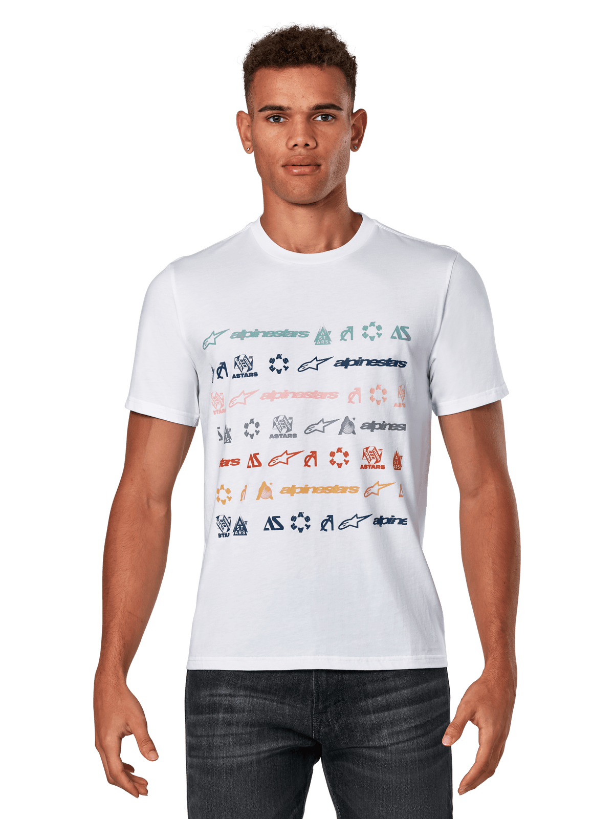 Alpinestars Glyfs CSF Tee, Kurzarm-T-Shirt, Weiß, mit gestreifter Multi-Logo-Grafik und farbenfrohen Symbolen auf der Vorderseite, Casual Motorsport-Sportbekleidung