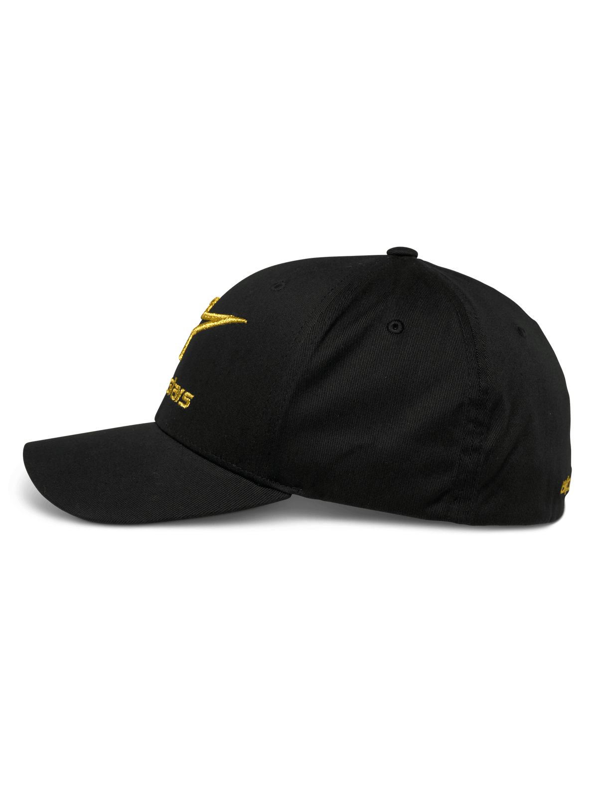 Alpinestars Gild Mütze, Seitenansicht einer schwarzen Baseballkappe mit gebogenem Schirm, goldene metallische 3D-Stickerei auf der Vorderseite und an der Seite, strukturierte Krone und Stretch-Twill-Gewebe, lässige Motorsport-Sportbekleidung.