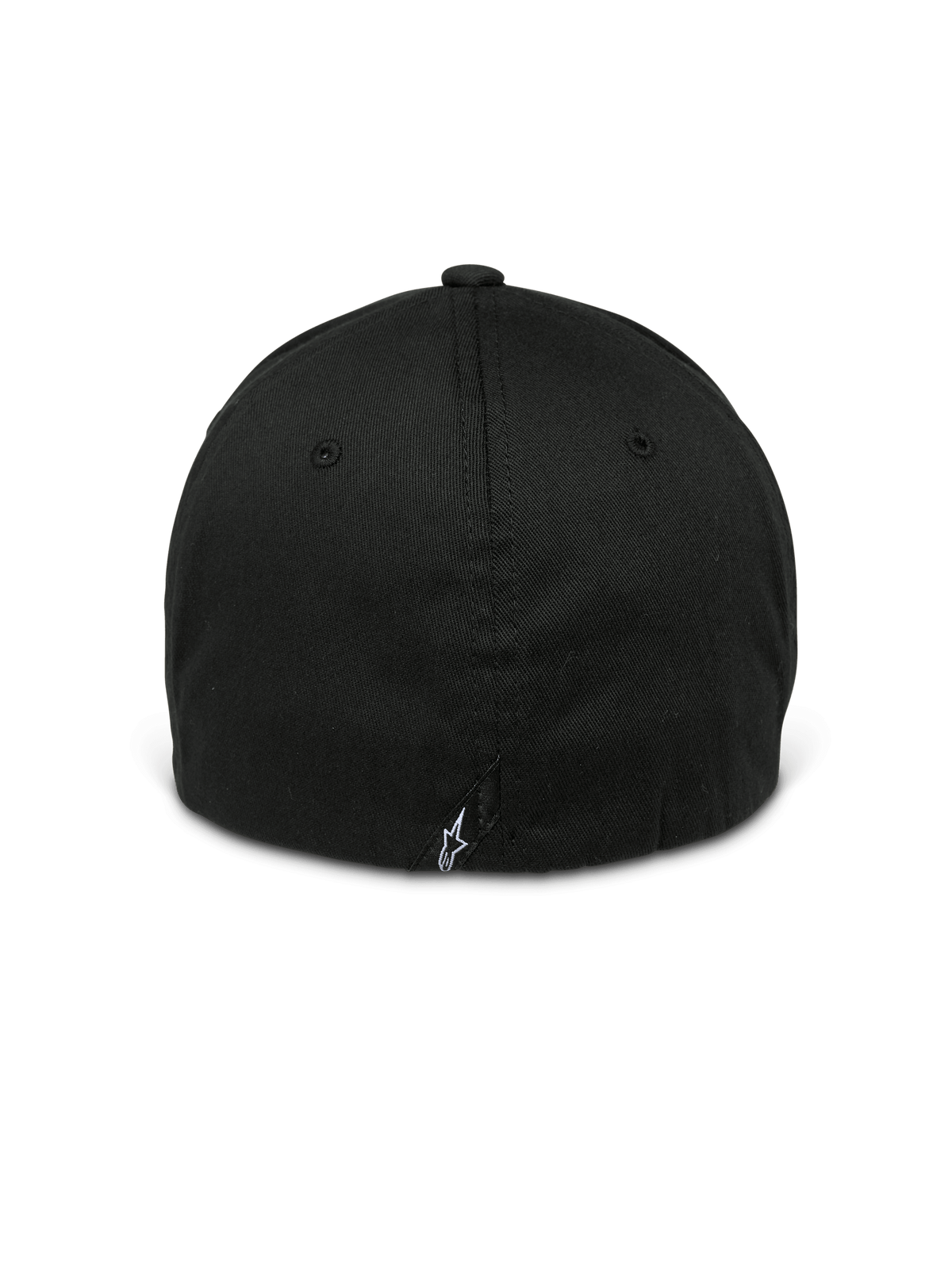 Alpinestars Arcstars Mütze, Schwarz, Rückansicht einer Flex-Back Baseballkappe, mit einem kleinen weißen Astars-Logo auf dem rückseitigen Etikett, strukturierte Krone mit farblich abgestimmten Ösen, lässige, vom Motorsport inspirierte Kopfbedeckung
