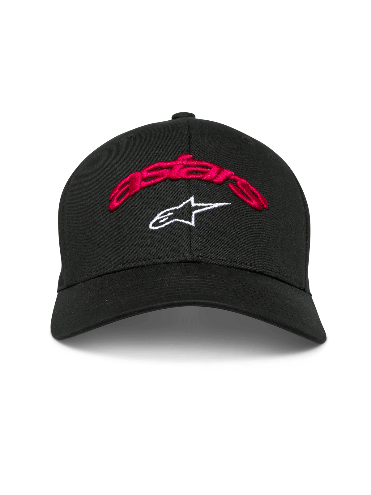 Alpinestars Arcstars Mütze, schwarze Baseballkappe, rote 3D-Astars-Stickerei und weißes Stern-Logo, gebogener Schirm, strukturierte Krone, lässige Motorsport-Kopfbedeckung