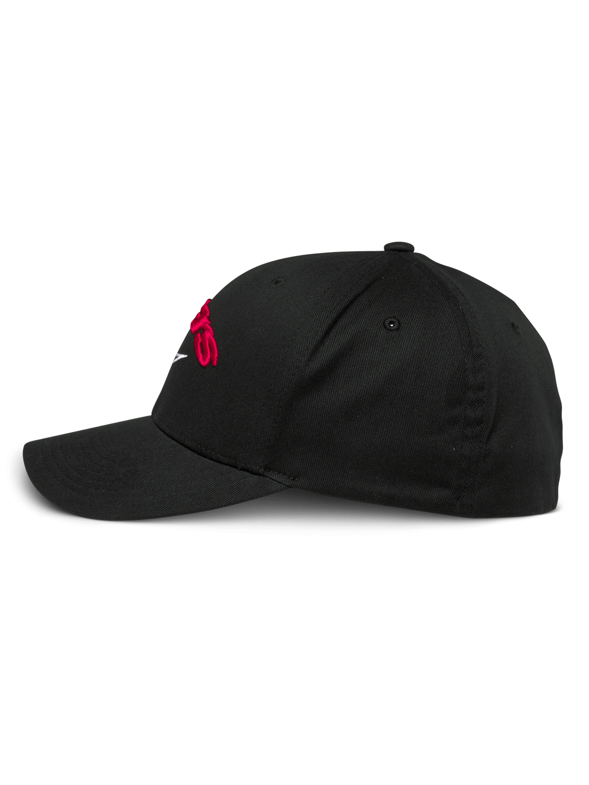 Alpinestars Arcstars Mütze, schwarze Baseballkappe, Seitenprofil, gebogener Schirm und strukturierte Krone, mit rotem 3D-Sticklogo, Casual Sportswear