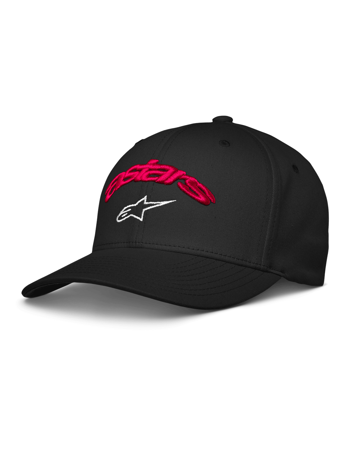 Alpinestars Arcstars Mütze, schwarze Baseball-Kappe mit roter 3D-Stickerei des Astars-Schriftzugs und weißem Stern-Logo, gebogener Schirm, strukturierte Krone, legere Motorsport-Sportbekleidung