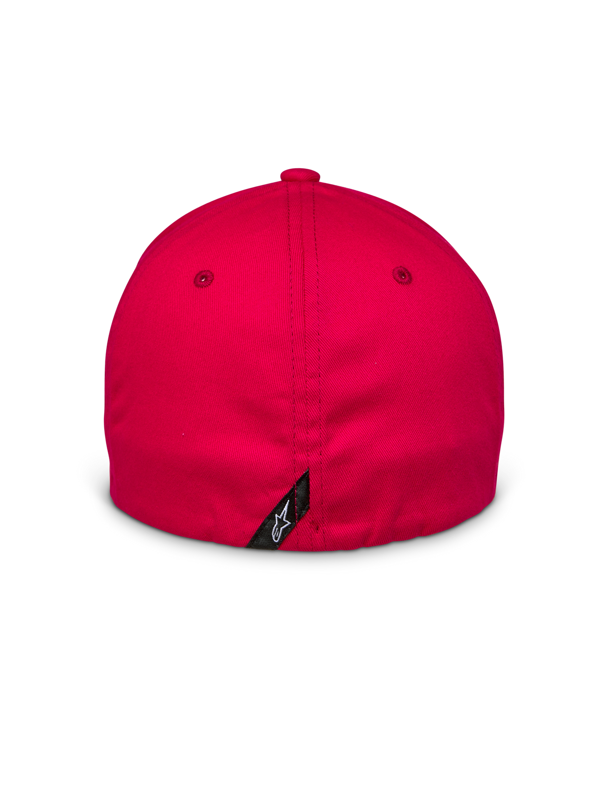 Alpinestars Arcstars Hat, Red, back view showing flex-back closure, small black tag with white Astars logo on the center seam, structured stretch twill fabric, casual motorsport headwear