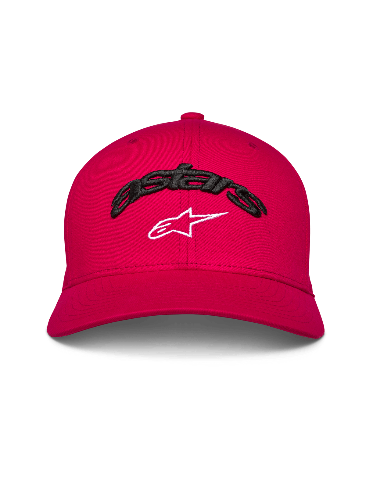 Alpinestars Arcstars Hat, curved bill baseball cap, Red, black 3D embroidered Astars text with white star logo, structured crown, casual motorsport-inspired headwear
