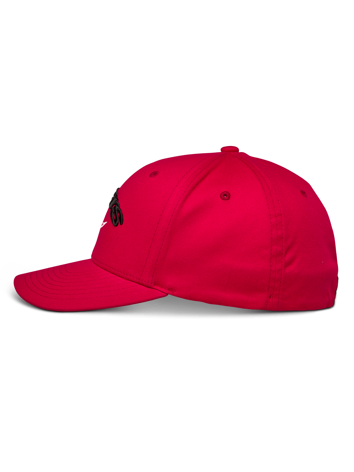 Alpinestars Arcstars Hat, Red Baseball Cap, side profile view, structured crown with curved bill, black 3D Astars embroidery, casual motorsport sportswear