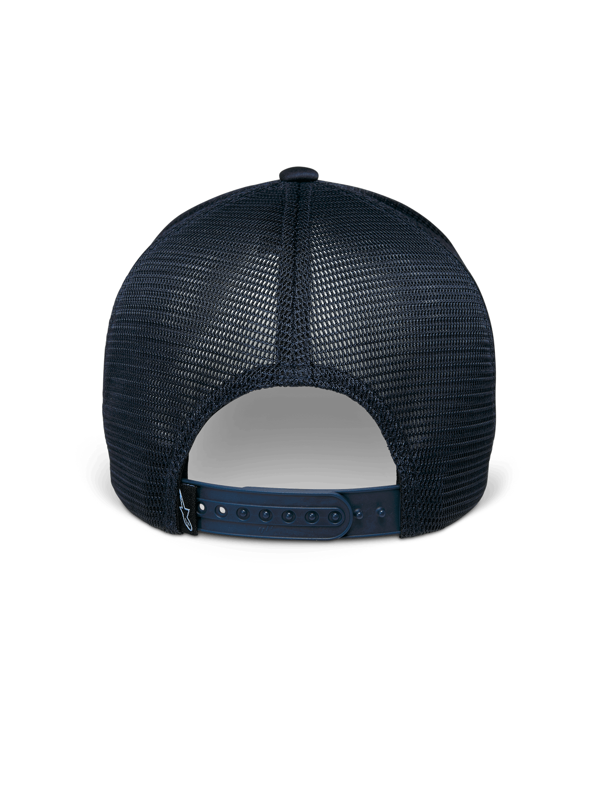 Alpinestars Delane Mütze, Marineblau, Rückansicht, mit atmungsaktiven Diamond-Mesh-Einsätzen, verstellbarem Snapback-Verschluss mit kleinem Logo-Etikett, lässige Performance-Sportbekleidung