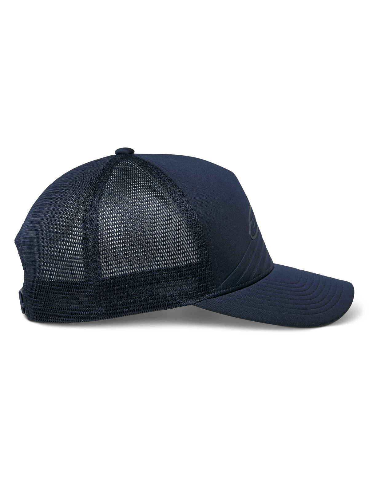 Alpinestars Delane Mütze, Sportswear-Mütze, Marineblau, Seitenansicht mit Diamond-Mesh auf der Rückseite und Jersey-Vorderseite, gebogener Schirm, strukturierte Krone