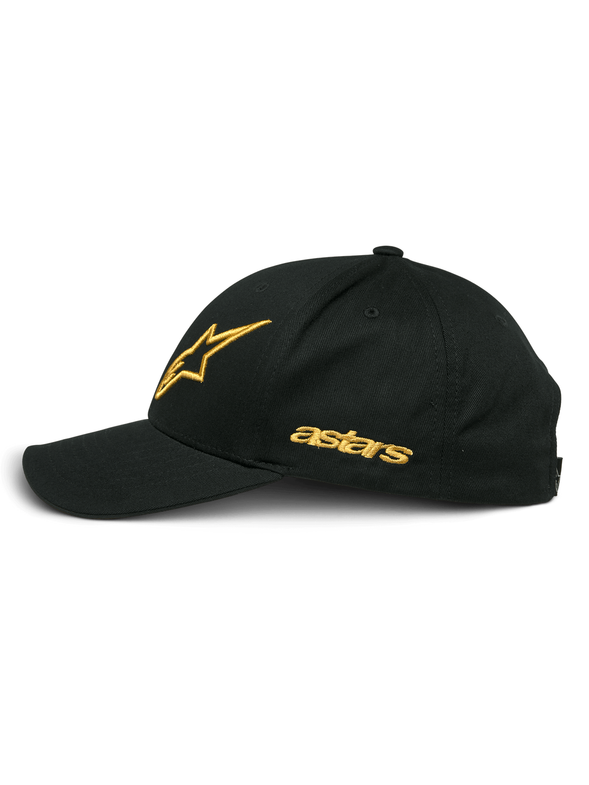 Alpinestars Sessionized Kappe, Schwarz und Gold, Seitenansicht mit goldbesticktem Stern-Logo und Astars-Schriftzug, gebogener Schirm, strukturierte Krone, lässige, vom Motorsport inspirierte Kopfbedeckung.