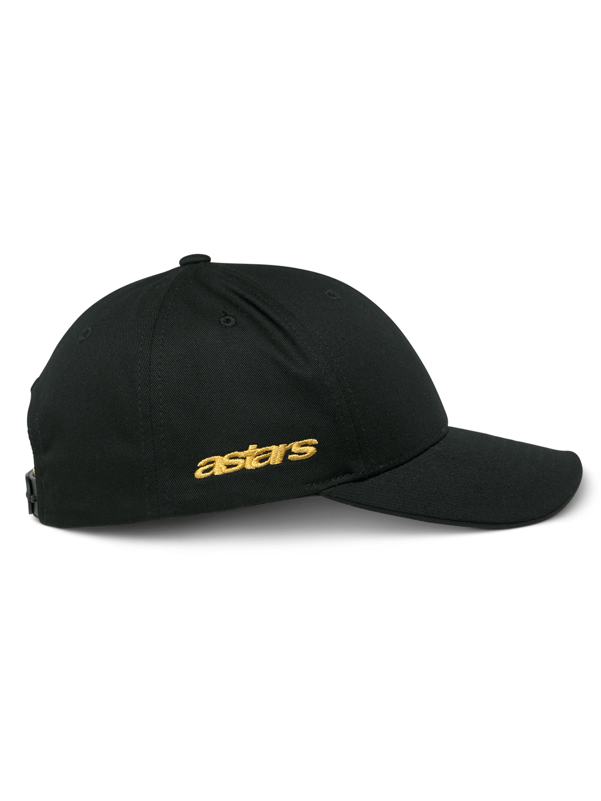 Alpinestars Sessionized Kappe, Seitenansicht einer schwarzen Snapback-Cap, goldene flache Astars-Stickerei an der Seite, strukturierte Krone mit gebogenem Schirm, lässige motorsport-inspirierte Kopfbedeckung