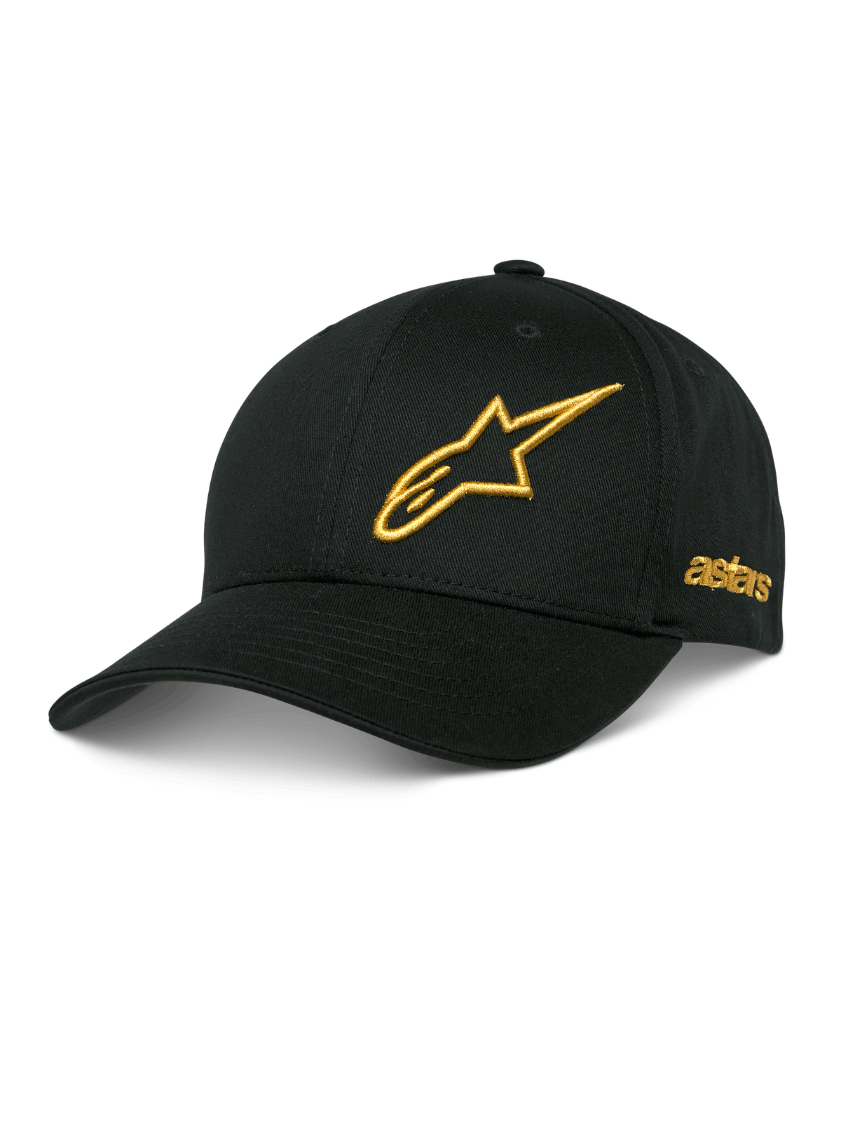 Alpinestars Sessionized Kappe, schwarze Baseball-Cap, goldenes 3D-besticktes Stern-Logo, gebogener Schirm, seitliche Astars-Stickerei, lässige Motorsport-Kopfbedeckung
