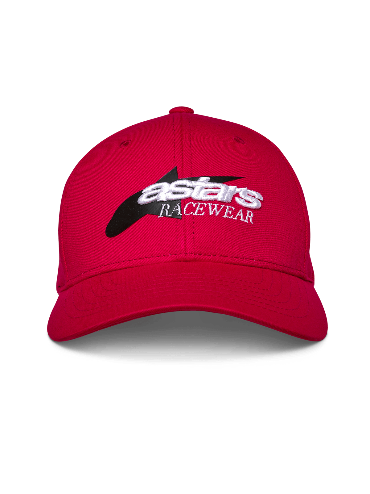 Alpinestars Profile Hat, Red, Structured Curve Bill Snapback, Front logo with black star graphic and white 3D 'astars RACEWEAR' embroidery, casual motorsport lifestyle headwear