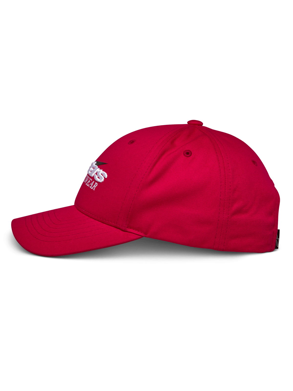 Alpinestars Profile Hat, Red side profile, structured crown with curved bill, 100% cotton twill, white and black embroidered logo, casual motorsport headwear