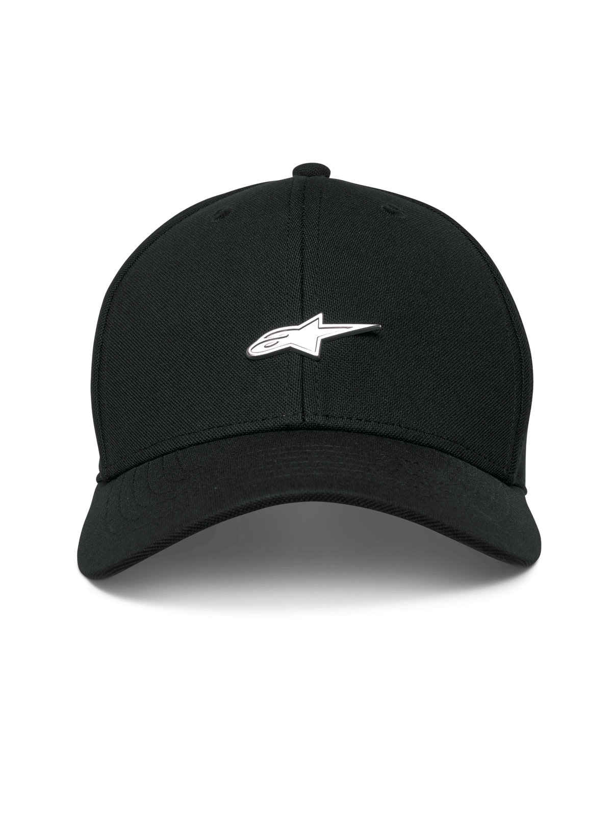 Alpinestars Metal Logo Kappe, Schwarz, strukturierte Baseballkappe mit gebogenem Schirm, 3D-geformtes Metall-Logo-Abzeichen, Mini-Piqué-Stoff, lässige Motorsport-Streetwear