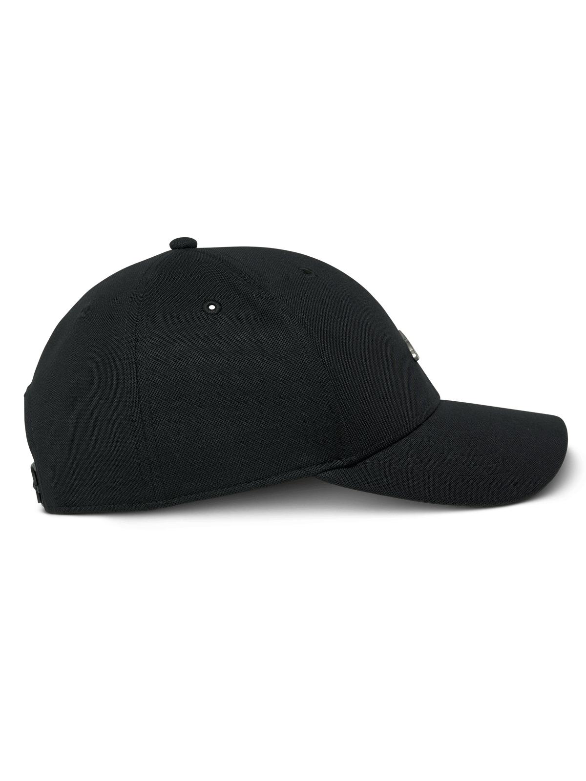 Alpinestars Metal Logo Mütze, Schwarz, Seitenansicht einer Snapback-Cap mit gebogenem Schirm, strukturierte Krone aus Mini-Piqué-Stoff und 3D-geformtem Metall-Logo-Abzeichen, lässige Motorsport-Streetwear