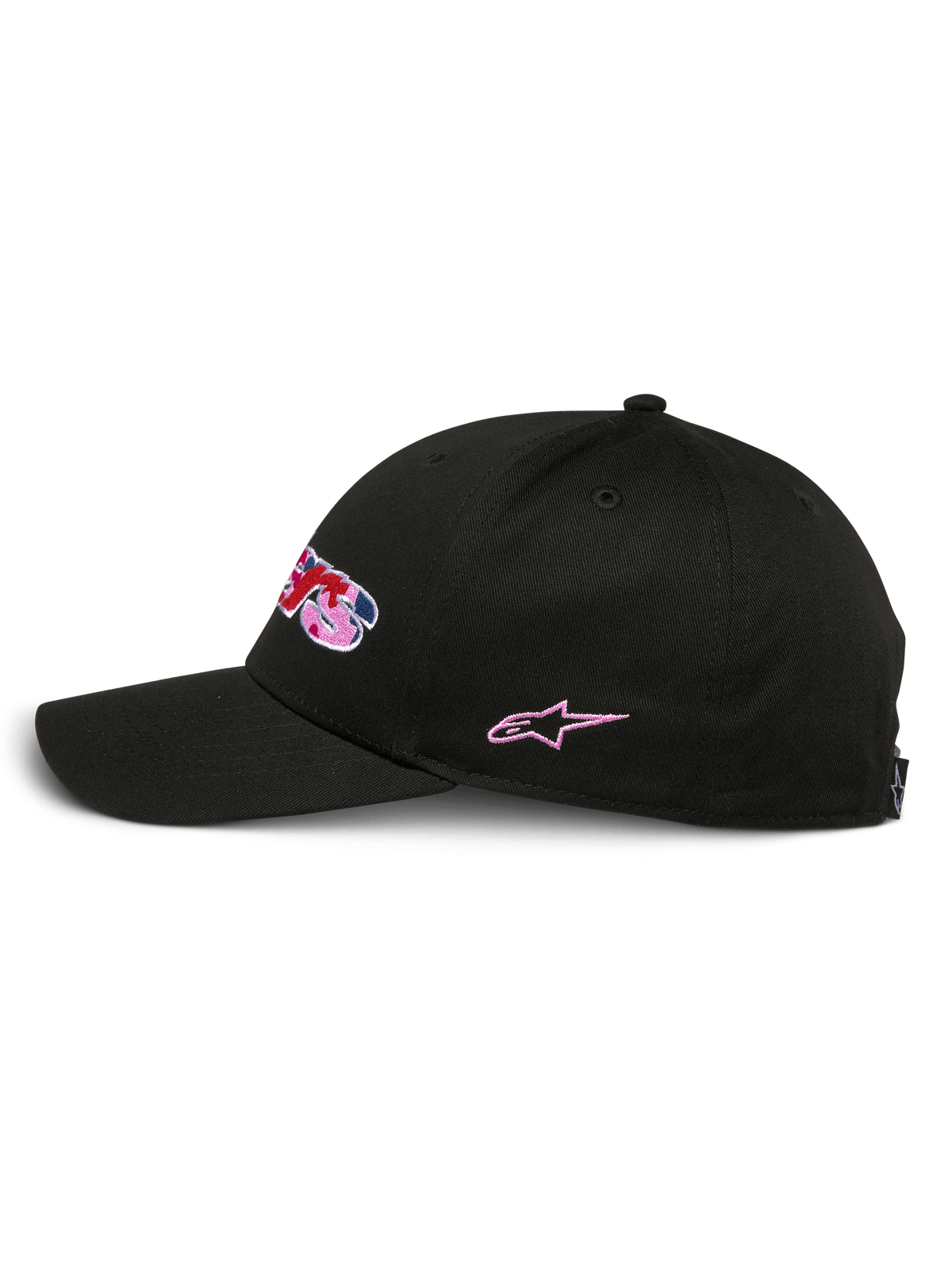 Alpinestars Canyon Mütze, Schwarze Snapback-Kappe, Seitenansicht, strukturierte Krone mit gebogenem Schirm, besticktes Frontlogo mit Camouflage-Füllung und rosa Akzenten, seitliche rosa Stern-Stickerei, lässiger Motorsport-Stil