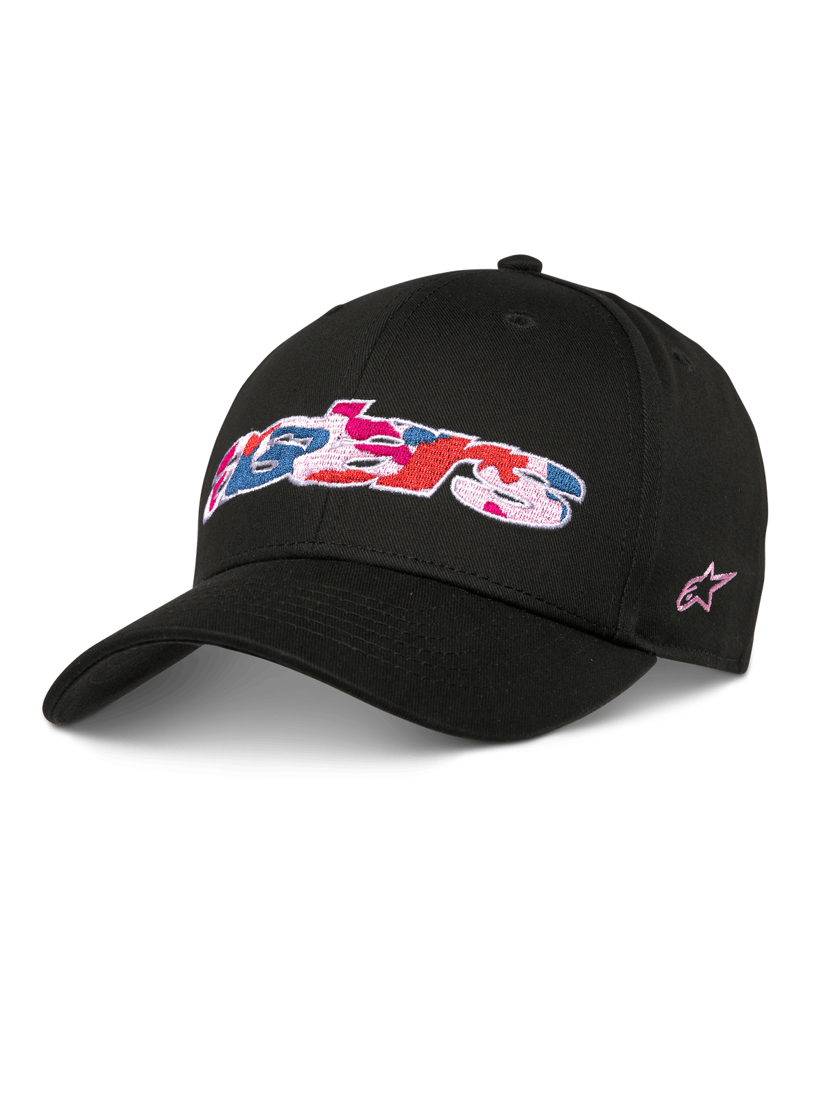 Alpinestars Canyon Hat, schwarze Snapback-Baseballkappe, gebogener Schirm und strukturierte Krone, Astars-Logo vorne mit Camouflage-Stickerei in Pink, Blau und Rot, pinkes Stern-Logo an der Seite, lässige Streetwear aus Baumwoll-Twill