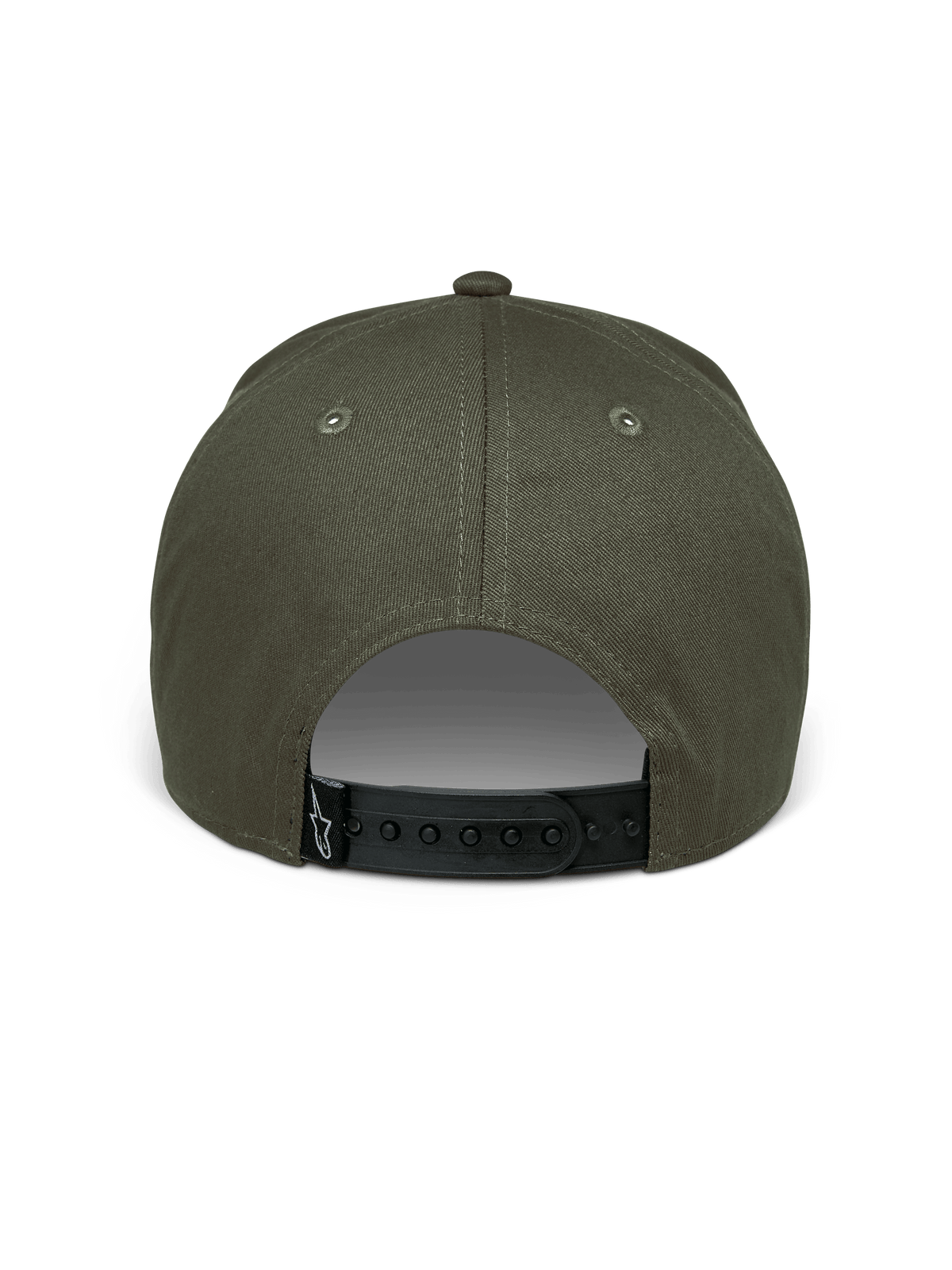 Alpinestars Canyon Mütze, Military Green, Rückansicht mit verstellbarem schwarzem Snapback-Verschluss, strukturierte Krone aus Baumwoll-Twill, kleines schwarzes Webetikett mit weißem Astars-Logo, lässige Motorsport-Kopfbedeckung