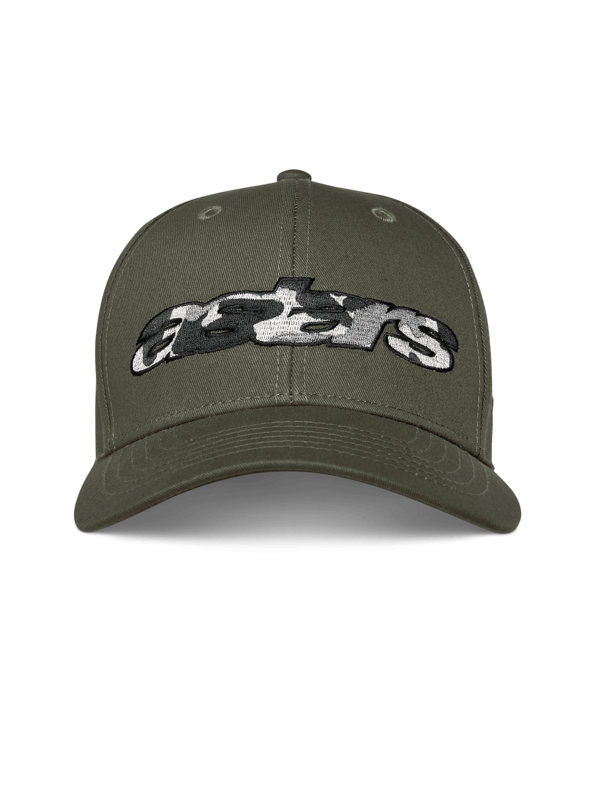 Alpinestars Canyon Mütze, Militärgrün, Snapback-Cap mit gebogenem Schirm, vorne aufgesticktes Astars-Logo mit Camouflage-Füllung, lässige Motorsport-Streetwear