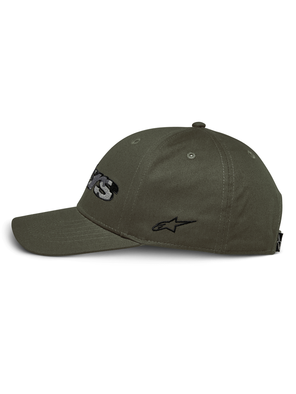 Alpinestars Canyon Mütze, Seitenansicht, militärgrün, gebogener Schirm mit strukturierter Krone, Baumwolltwill, mit schwarzem bestickten Seitenlogo, lässige Motorsport-Streetwear