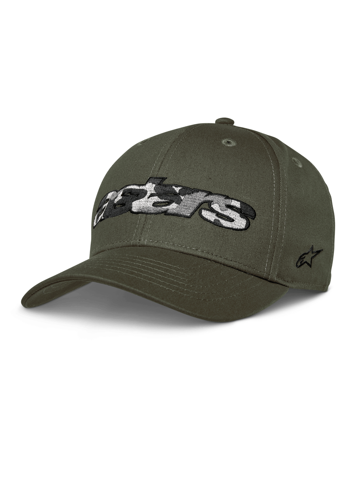 Alpinestars Canyon Hat, olivgrüne Baseball-Cap, strukturierte Krone mit gebogenem Schirm, großes Astars-Logo mit Camouflage-Muster auf der Vorderseite, seitliche Stern-Stickerei, lässiger Motorsport-Stil
