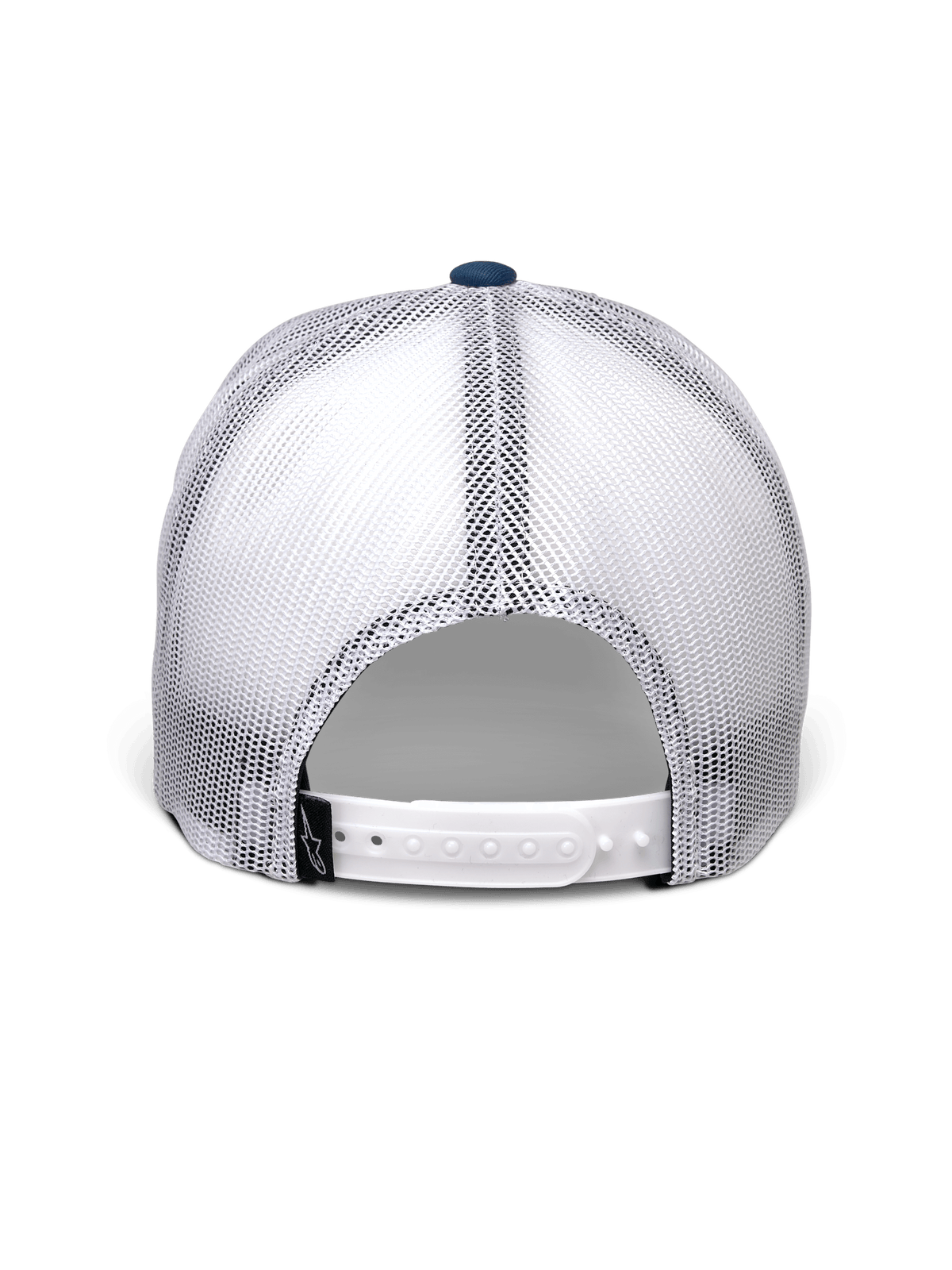 Alpinestars Gambit Trucker Hat, Blue and White, back view featuring breathable white mesh panels, white snap-back closure with a small black Alpinestars logo tag, casual motorsport-inspired headwear