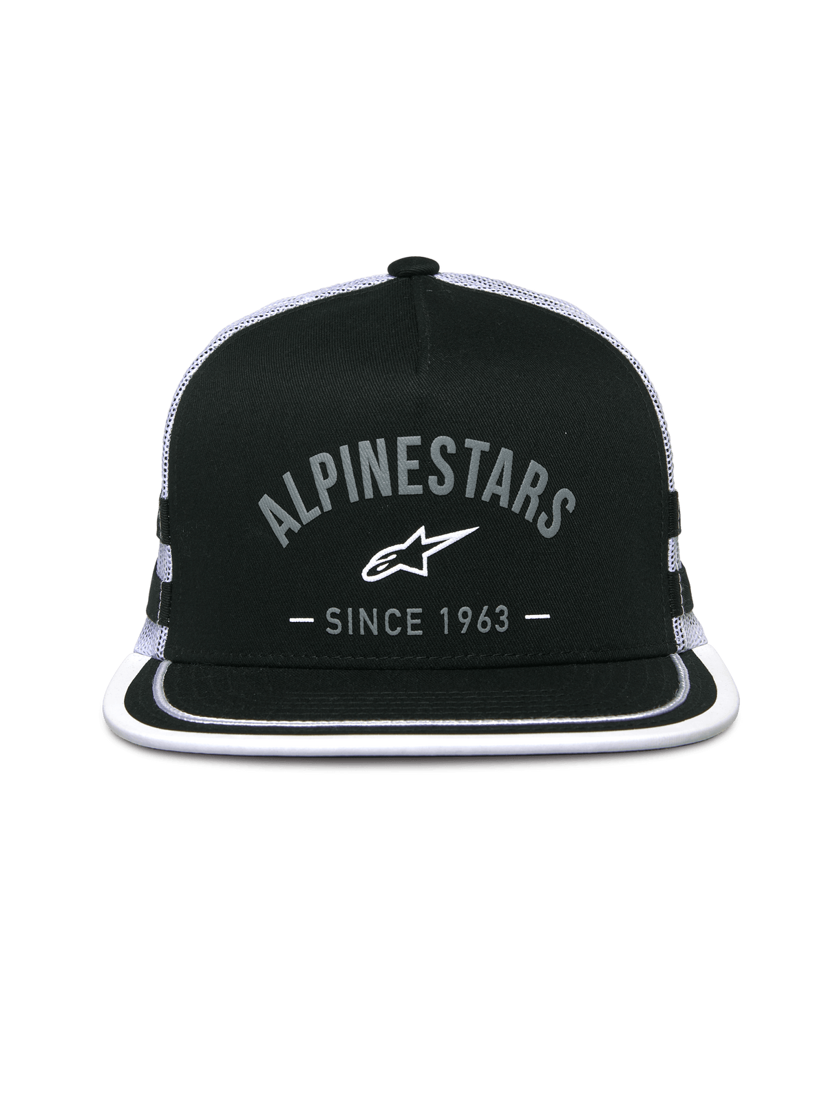 Alpinestars Backline Trucker Hat, Trucker Cap, Schwarz und Weiß, Logo-Grafik vorne mit „Alpinestars Since 1963“, flacher Schirm mit weißem Rand, strukturierte Krone und Mesh-Rückseite