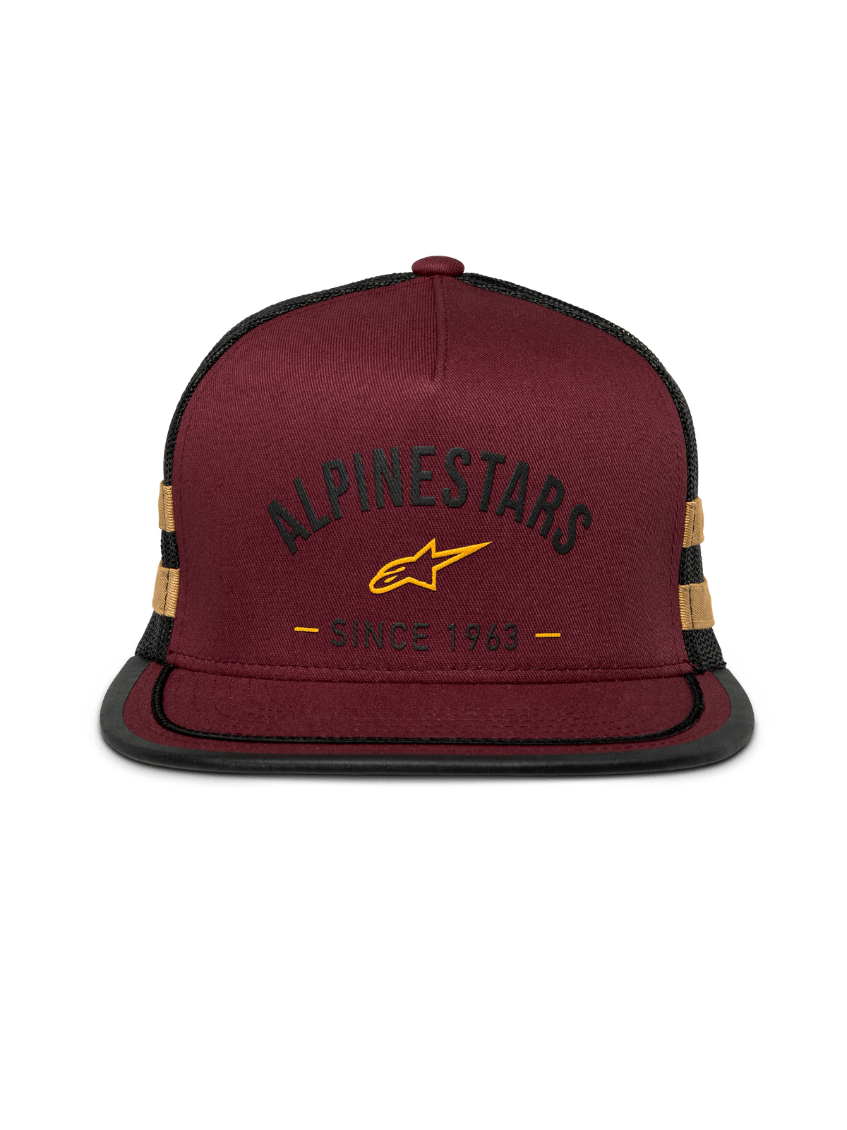 Alpinestars Backline Trucker Hat, flat bill snapback, brick red twill front with black mesh back, mustard yellow logo and side stripes, structured crown with suttache trim on the bill, casual motorsport streetwear